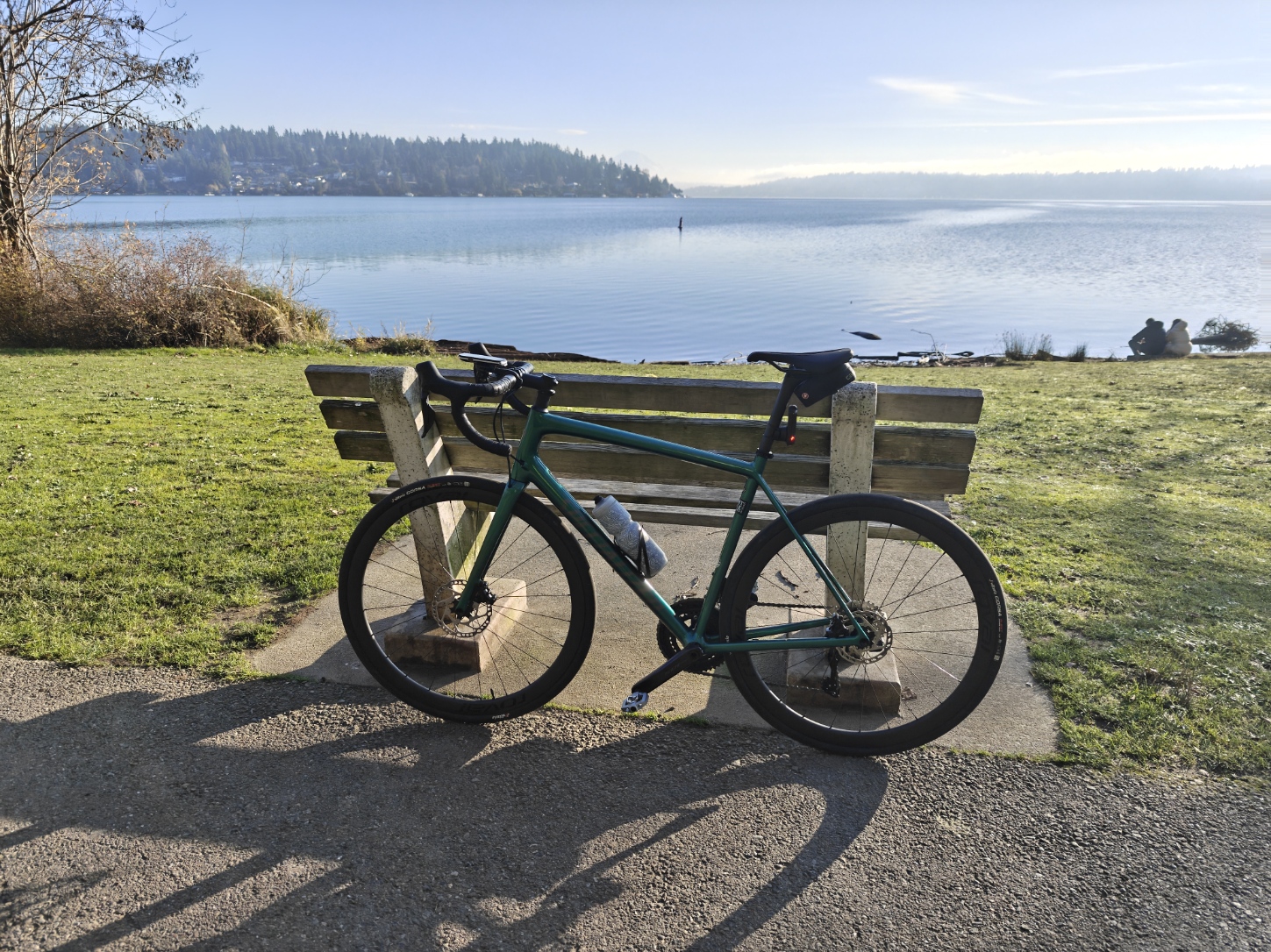 green bike leaned against bench